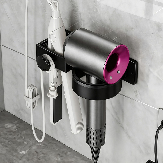 키스미스 드라이기 거치대 무타공 타공 겸용 강력접착 고데기걸이, 1개, 블랙