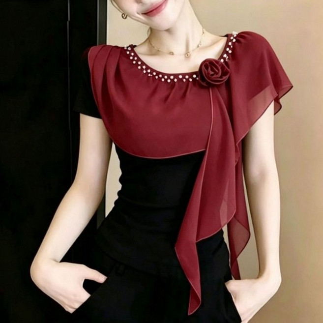 3위 - PEROLA 여성 여름 망사 패치 반팔 티셔츠 플라워 포인트 반짝 큐빅 쇼트 반팔 댄스복