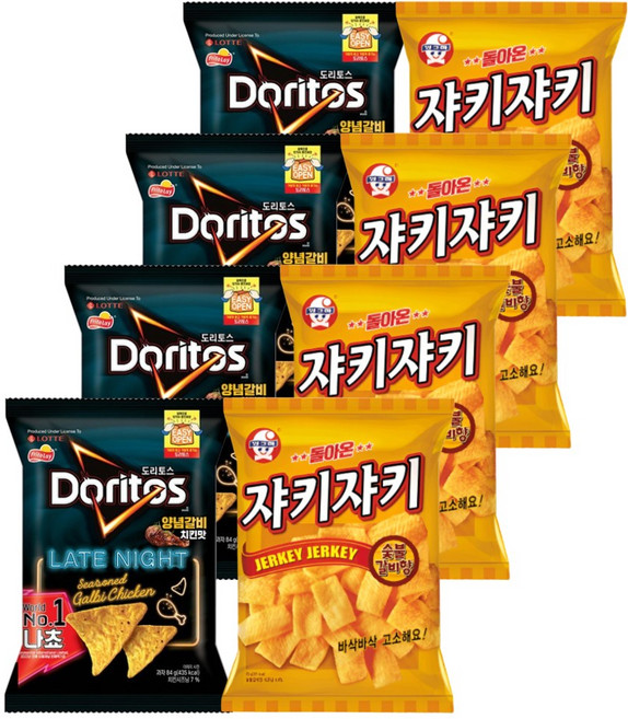 롯데 크라운 도리토스 양념갈비치킨 84gx4개+쟈키쟈키 숯불갈비 70gx4개 (총8개) 과자세트, 1세트, 616g