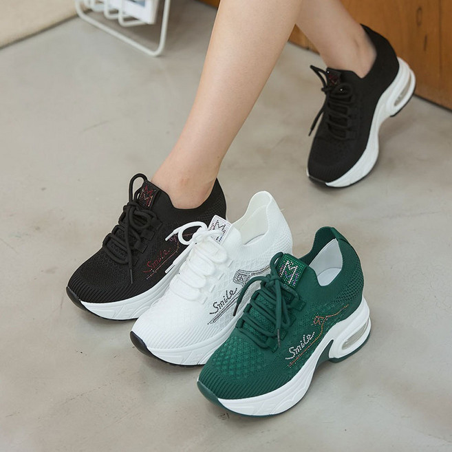 키높이 통굽 큐빅 스판 니트 쿠션 여성운동화 발편한 에어 스니커즈 7cm