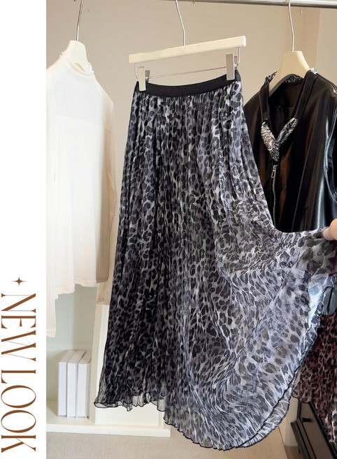 【復古高腰】半身裙 豹紋半裙 中長裙 秋冬半裙 百褶裙 A字裙 氣質褶皺設計 高腰大擺 時尚復古 秋冬新款 通勤約會穿搭