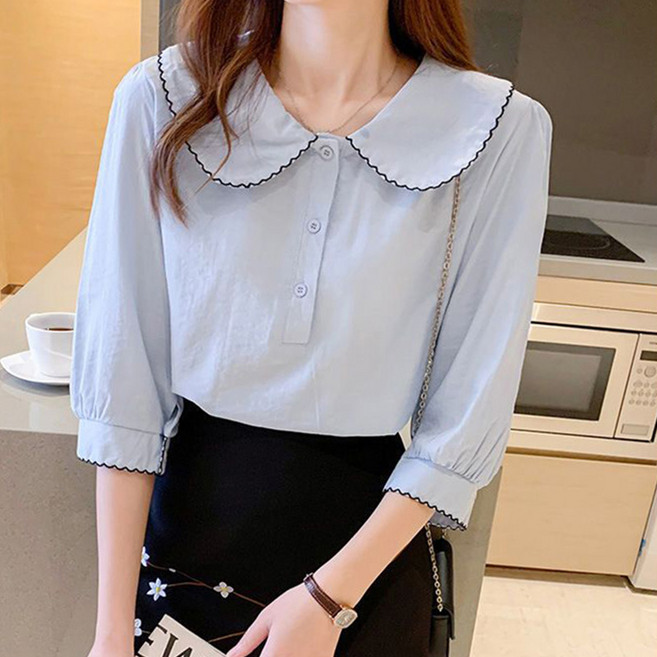 Kdragon 여름 7부 소매 카라 블라우스 아이스 원단