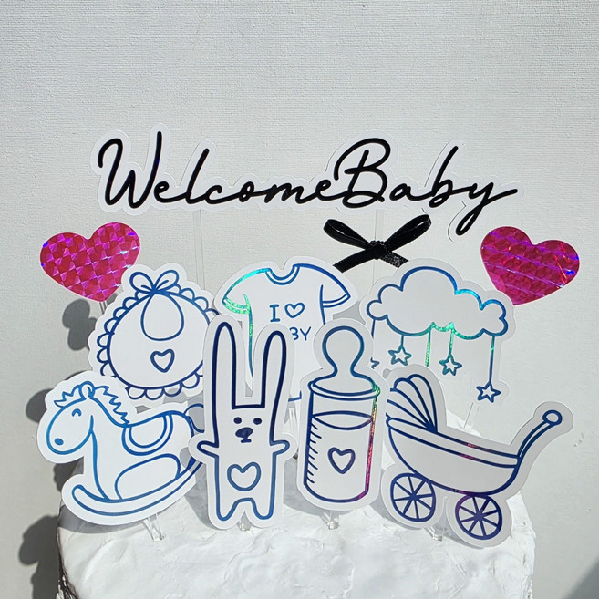 하이수수 웰컴베이비 베이비샤워 임신출산축하 아기성별공개 케이크 토퍼세트, 1세트, 토퍼, 샤이닝블루