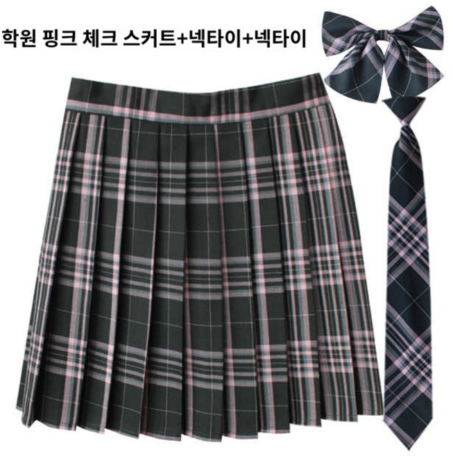 체크 치마 플리츠 여성 스커트 치마 미니 교복 넥타이 나비 무늬 프레피