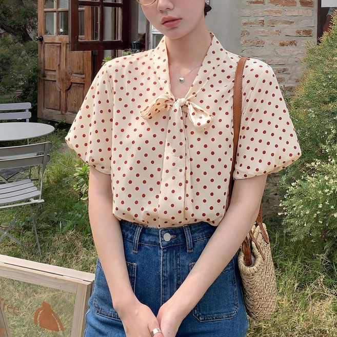 SOSISI 여성 반팔 셔츠 땡땡이 타이 퍼프 소매 프릴 블라우스 10294