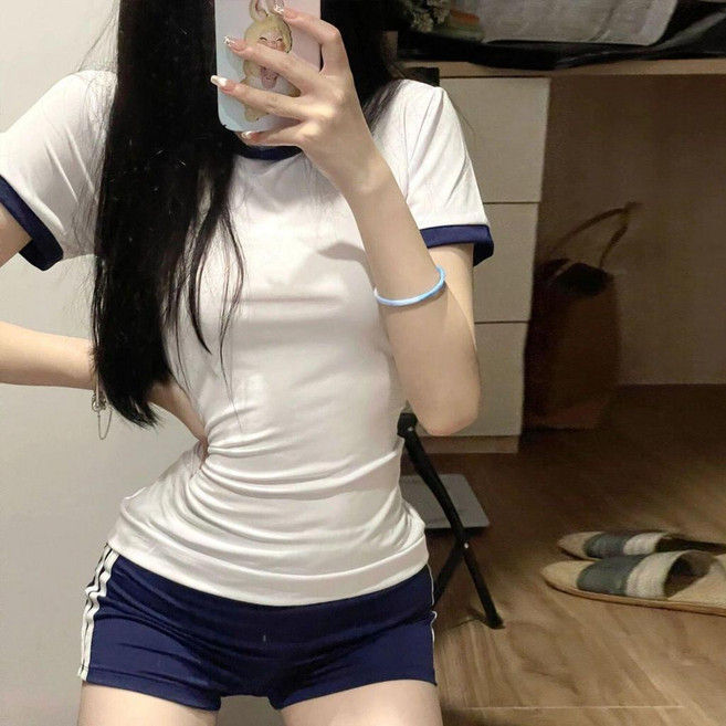 夏季少女兩件套 學生學院風可愛體操服, 白拼藍上衣+藍色褲子,3XL 建議 80.0-90.0公斤