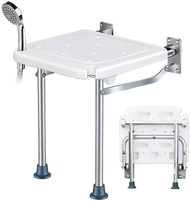 Zoomland 접이식 샤워 의자 소형 욕실용 의자 벽걸이형 욕실 스툴 공간절약형 노인 임산부용 위생 샤워 의자 샤워 보조 의자, 흰색