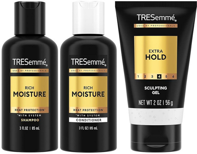 TRESemmé 여행용 샴푸 컨디셔너 및 헤어 젤 - 풍부한 수분 제품 + 알코올 프리 스타일링 젤 24시간 곱슬머리 컨트롤 (3피스 세트), TRESemmé 여행용 샴푸, 컨디셔너 및 헤어 젤, 1개