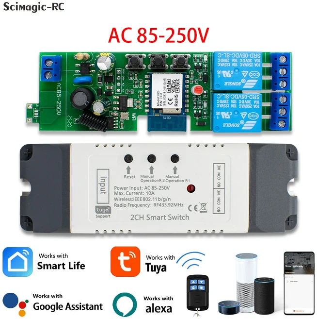 Alexa 스마트 스위치 Tuya 홈 2 채널 Wifi 220V 7-32V 10A RF433 원격 펄스 모듈 릴레이, 02 2CH 85-250V shell, 01 빠른