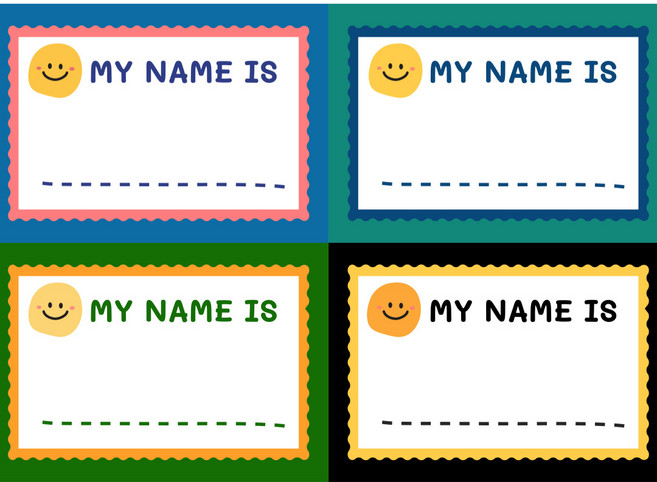 대형 네임 스티커 견출지 이름표 구디백 도시락 선물 포장 데코 라벨지 선샤인마켓 스마일 마이네임, 1세트, 1. 스마일 네임스티커 4색 (100매)