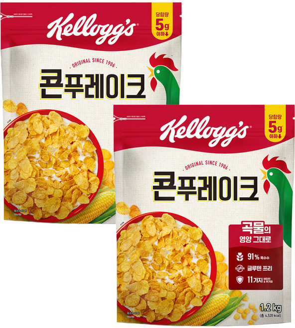 농심 켈로그 콘 푸레이크 대용량 씨리얼 아침식사대용 영양간식, 1.2kg, 2개