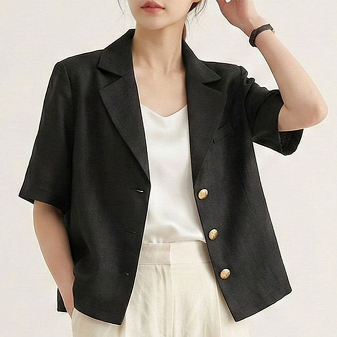 UPPERCUT 자체제작 여성 베이직 린넨라이크 반팔자켓 빅사이즈