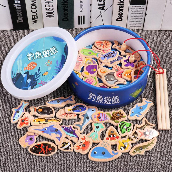 木製磁性海洋魚親子遊戲釣魚玩具, 51條魚 3根魚竿 桶裝, 1個