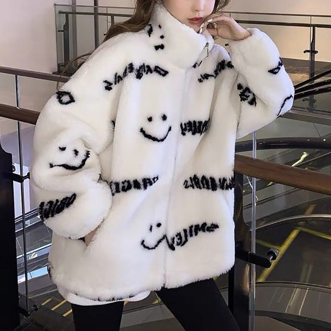 뽀글이 융털 집업 자켓 가을겨울 여성 긴팔 퍼점퍼 레터링 미소 패턴 캐주얼 루즈핏 하이넥 보들보들 바람막이 아우터