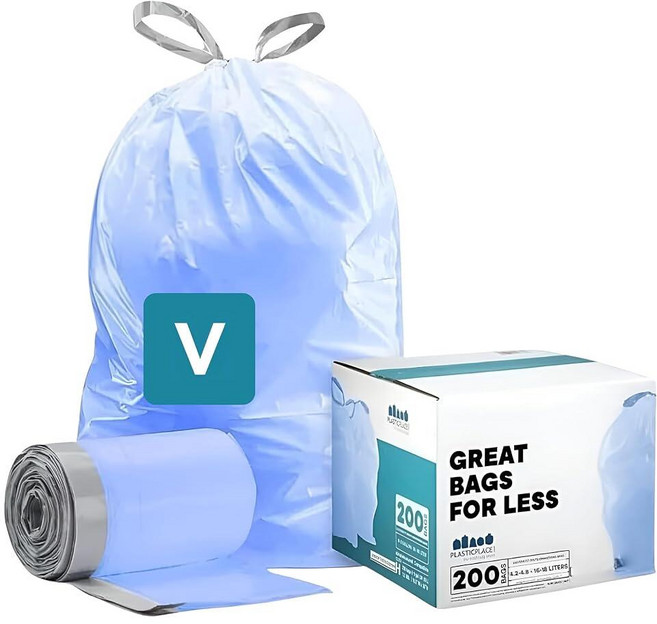 Plasticplace 맞춤형 핏 쓰레기 봉투 simplehuman Code V(100개) 틴트 블루 드로스트링 라이너 4.2-4.8갤런과 호환 15.9-18.2리터 36