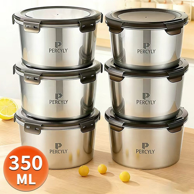 원형 스텐 밀폐용기 반찬통 세트 스테인리스 수납함 진공 밀폐용기, 350ml, 6개
