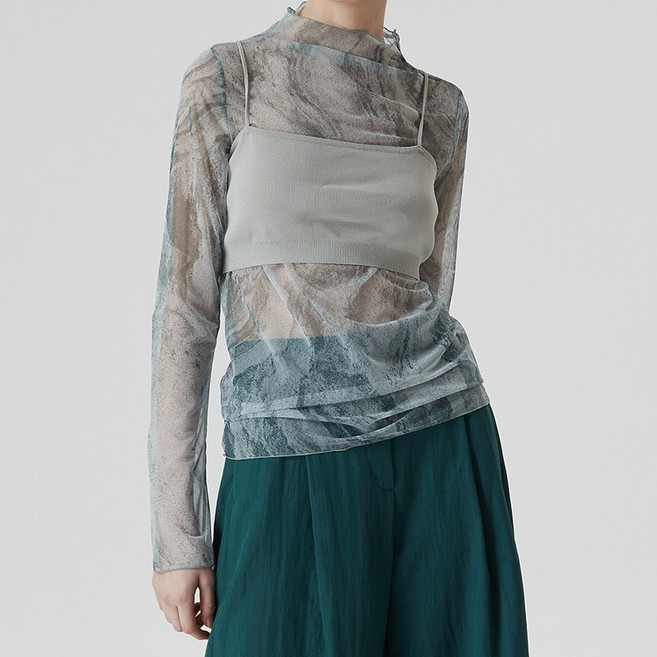 [컴젠] 여성 프린트 시스루 티셔츠 L GREEN PRINT