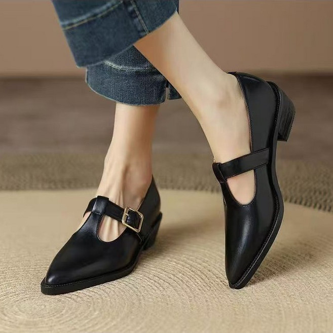 슈엔룩 빈티지 여성 단화 버클 포인트 가죽 메리제인 미들굽 구두