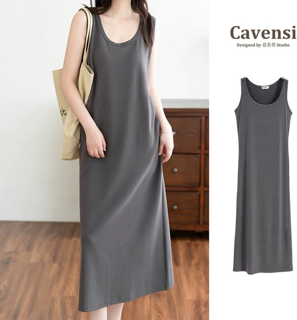 Cavensi 無袖涼感莫代爾休閒長洋裝, 高級深灰,2XL（建議75-90公斤 ）
