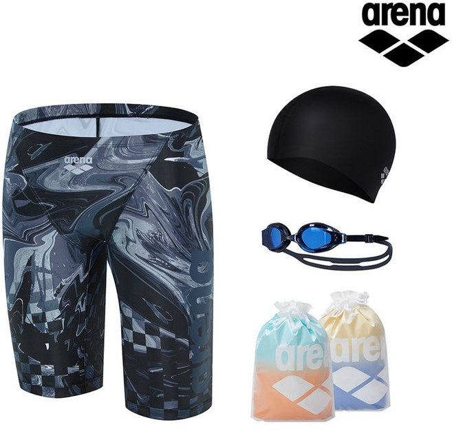 아레나 트위스트 4부 수영복 + 수경+수모 세트 A5BM1PM89BLK HP
