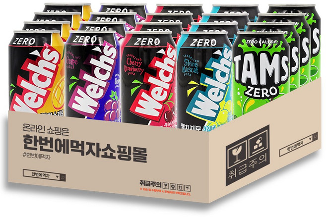 [한번에먹자] 제로 탄산음료 뚱캔 혼합세트 / 웰치스 애플망고 + 웰치스 포도 + 웰치스 체리 + 웰치스 샤인 + 탐스제로 사과 / 각4개씩 총20캔, 20개, 355ml