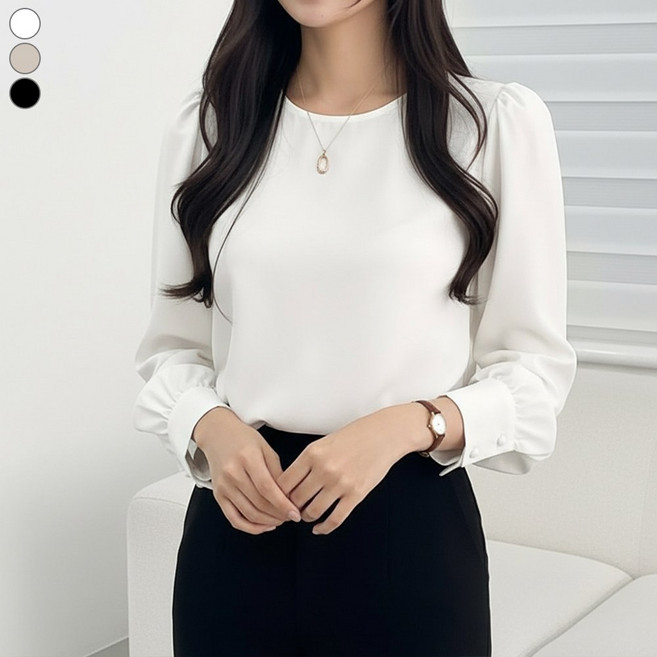 블레스유 여성용 주름없는 링클프리 셔링 블라우스 라운드넥 셔츠 베이직 데일리 긴팔 남방 오피스룩