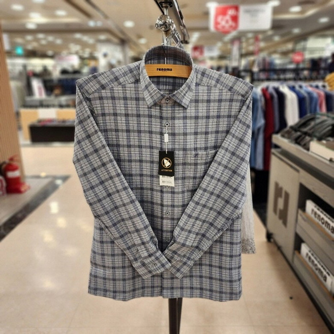 NC 불광점 레노마 #S/S백화점 이월상품 # 고퀄리티 경량 서커 체크체 일반핏 밑단 일자 여름용 긴팔셔츠 RMSSG1-038-GY5
