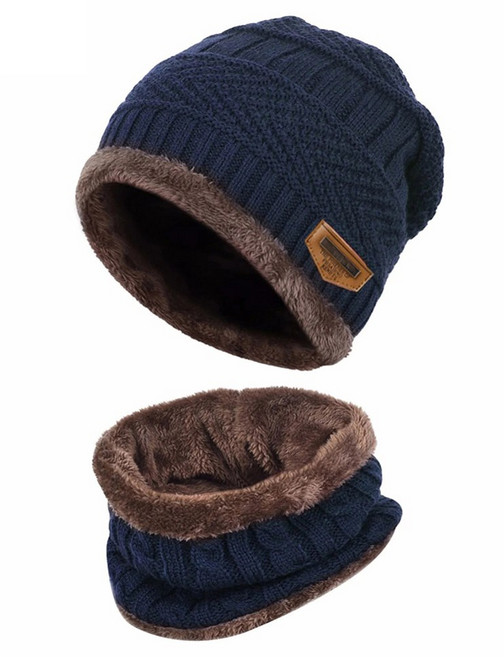 冬季保暖針織毛帽 內襯柔軟舒適 男女通用, 時尚皮標毛帽二件組-藍色, 1套
