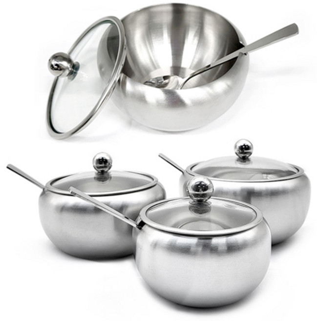 스텐 슈가양념통 (양념스푼+유리뚜껑 세트) 소스볼 종지 양념그릇, 1개, 460ml