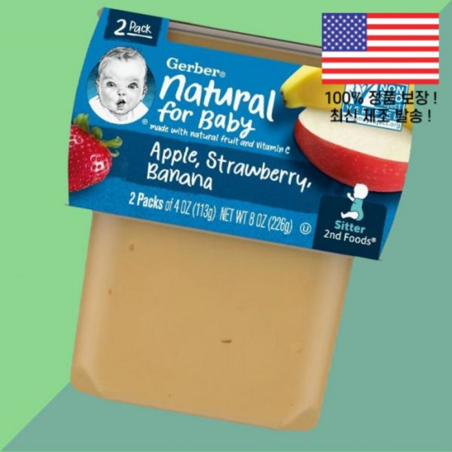 거버 내추럴 포 베이비 세컨드 푸드 사과 애플 딸기 스트로베리 바나나 2팩 각 4온스 113g Gerber Natural for Baby 2nd Foods Apple Straw