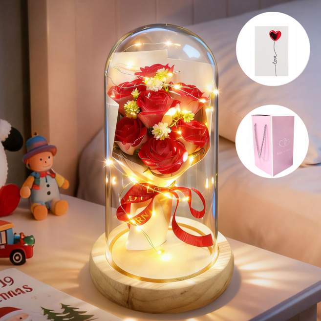 Folvia 유리돔 조화 장미 꽃다발 무드등 로즈데이 기념일 선물 미니카드 포함, 레드