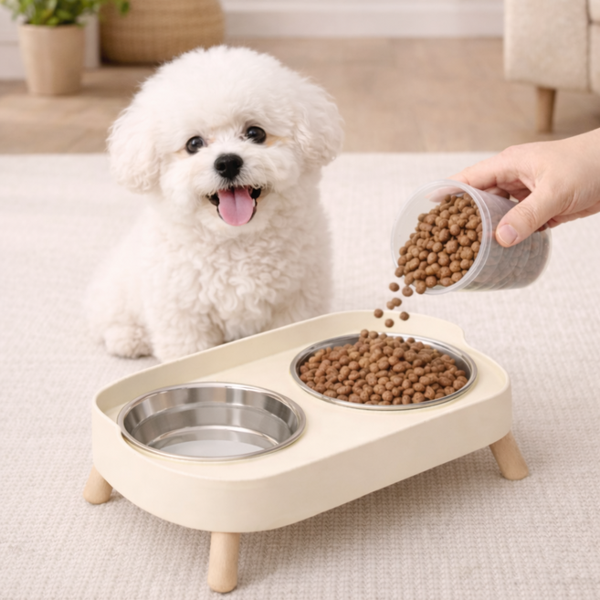 모와다온 스텐 분리세척 강아지 고양이 2구 높이조절 밥그릇, 1개, 아이보리