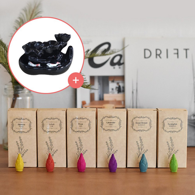 제이아로마향 백플로우인센스 6종+향받침 세트 (라벤더+장미+연꽃+자스민+유칼립투스+오션브리즈)