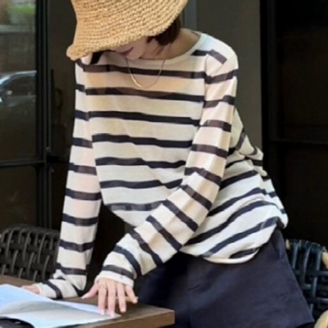 아이엠몽 여성 시스루 루즈핏 스트라이프 긴팔 티셔츠