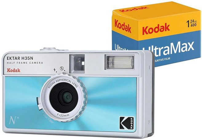 코닥 EKTAR H35N 하프 프레임 필름 카메라 번들 울트라맥스 400 24EXP 35mm 포함 스트라이프 그린, Glazed Blue, Single