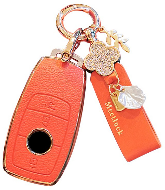 하마테 벤츠 스마트키 B타입 가죽TPU 하이브리드 키케이스 + 키홀더 세트, 오렌지