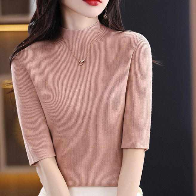 제이씨엘 여성 슬림골지 5부소매 반목 니트티셔츠 반폴라티 QH22