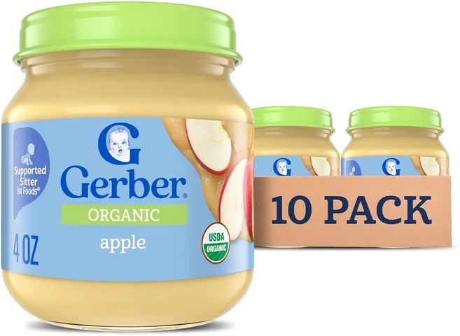 거버 스테이지 1 베이비푸드 오가닉 퓨레 유리병단지 논 GMO 베지터블, 사과, 113g, 10개 - 쿠팡