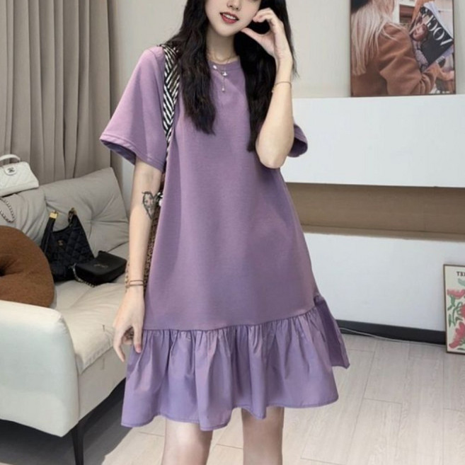 TKX 여성 데일리 캐주얼 반팔 원피스 루즈핏 라운드넥 프릴 밑단 심플 봄 여름 코디