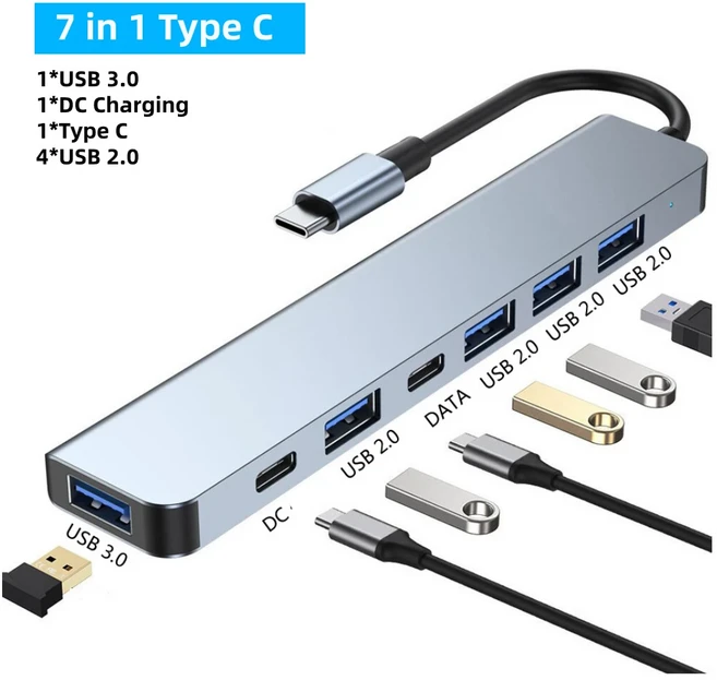 7in 1 USB C 허브 3.0 HDMI 4K 60Hz 비디오 SD TF 카드 슬롯 리더기 PC노트북MacBook Pro용 멀티 포트 충전, 01 CHINA, 03 7 in 1 Type C