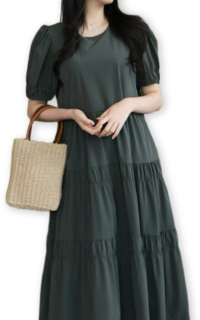 메리앤유 이지데일리 셔링 주름 3단캉캉 반팔 롱 원피스