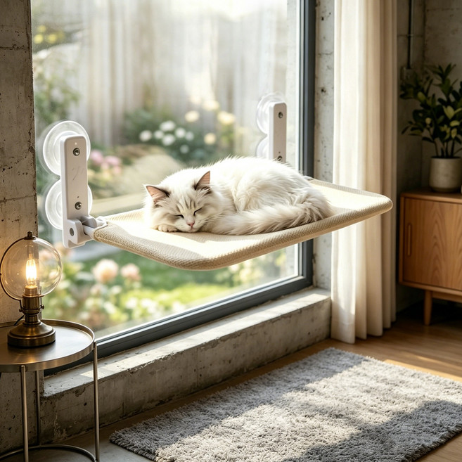 AURRA 고양이 창문 해먹 접이식 대형 창문해먹 고양이해먹 흡착식 캣해먹, 1개, 베이지