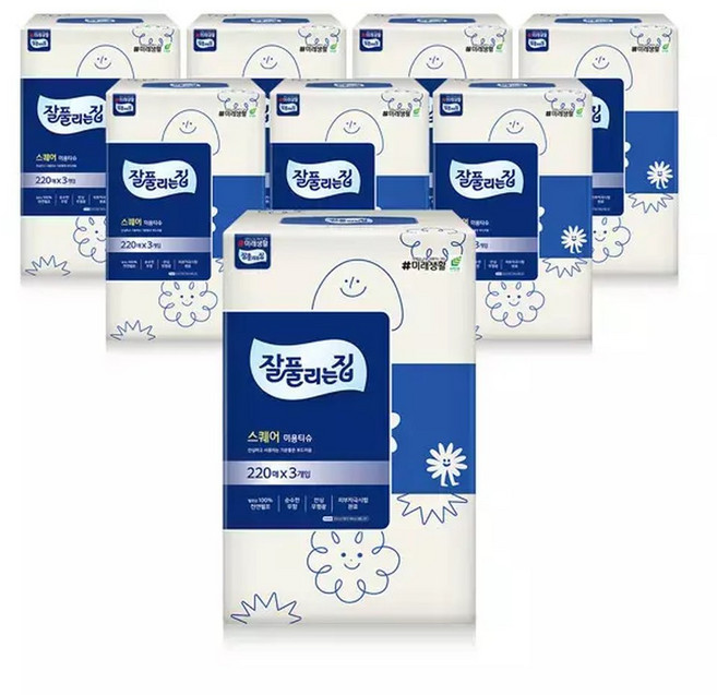 잘풀리는집 스퀘어 미용티슈 220매 3개입 8팩(총 24개), 8박스, 3매