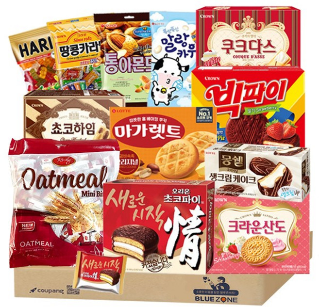 블루존 사무실 탕비실 간식 12종 B세트 (초코파이+몽쉘생크림+마가렛트+빅파이+초코하임+쿠크다스화이트+딸기산도+오트밀미니바이트+통아몬드캔디+크라운땅콩카라멜+말랑카우+하리보), 1세트, 1개