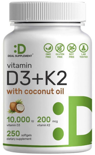 Deal SUP 업plement 딜서플리먼트 비타민 D3 10000 IU+K2 200mcg 코코넛 오일 소프트젤 250정, D3 10000 IU + K2 MK7 200mcg, 1개