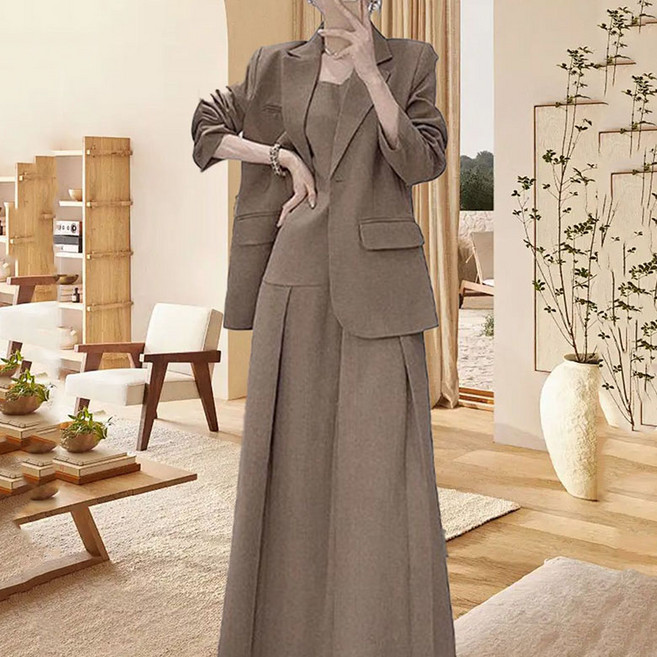 FANSYLI 여성 원피스 세트 고급 결혼식 하객룩 심플 루즈핏 정장 자켓+롱 나시 원피스 투피스 봄가을겨울 빅사이즈 오피스 원피스 세트 XR2601J26