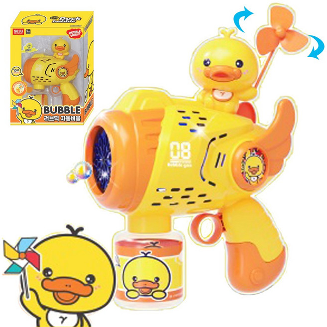 러브덕 자동버블건 LED 불빛 바람개비회전 오리 버블건, 1개