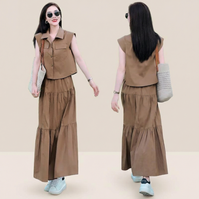 Timepure 여성 여름 캐주얼 빈티지 민소매 셔츠 롱 스커트 데일리 편안한 빅사이즈 포켓 카라넥 조끼 투피스