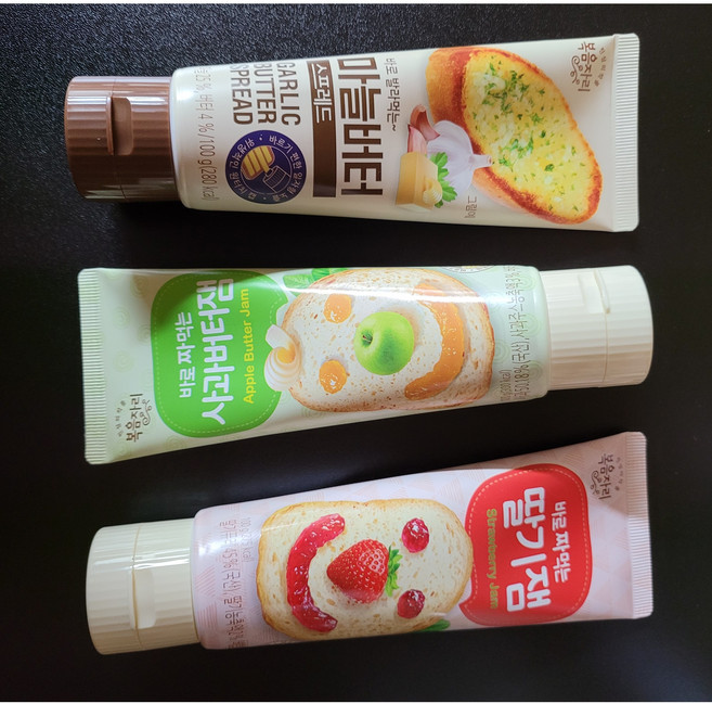 [복음자리] 마늘버터스프레드 +사과버터잼 +딸기잼(빵 위에 요거트 토핑으로 손쉽게 짜먹는/튜브형), 1세트, 300g