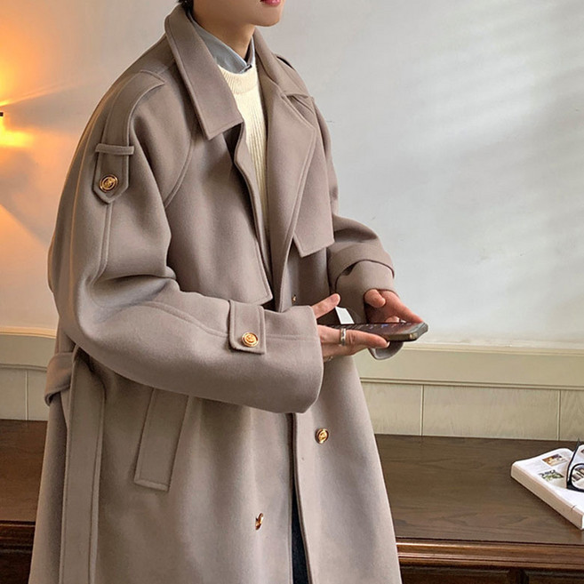 FANSYLI 남성 미디 모직 코트 가을 겨울 비즈니스 캐주얼 모직 트렌치코트 프리미엄 루즈핏 캐시미어 코트 W2511N04